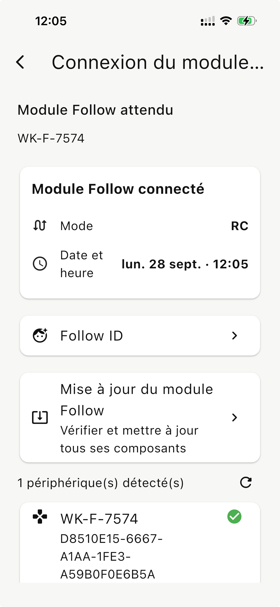 Module Follow connecté dans l’application : mode, Follow ID et accès aux mises à jour